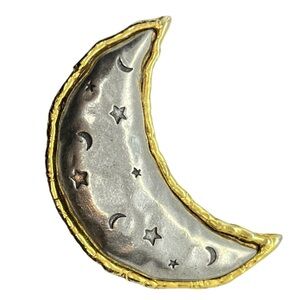 JJ Jonette Jewelry Two toned Crescent Moon Celestial Brooch Pin Vintage Stars